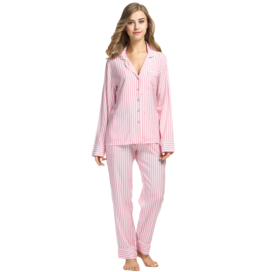 Factory Sample Women Pajamas Set Casual 2 Pieces Stripe Long Sleeve and ...