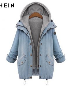 Blue Hooded Drawstring Jean Two Piece Outerwear Long Button Coat