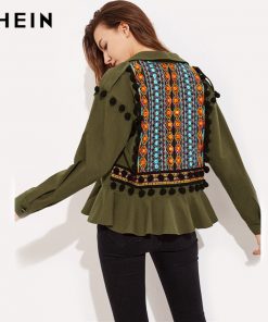 Green Jacquard Embroidered Pom Pom Frill Jacket with Lapel – Casual Long Outerwear