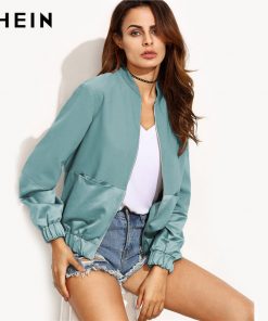 Green Mixed Media Bomber Jacket with Zipper Pockets for Fall & Winter