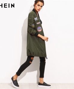 Army Green Mesh Long Casual Jacket with PU Leather Patch Pocket