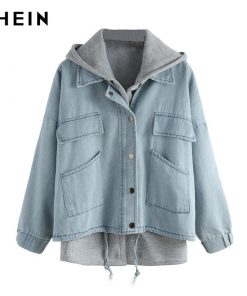 Blue Hooded Denim Two Piece Coat with Drawstring and Pockets