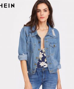 Blue Mesh Denim Lapel Jacket, Long Buttoned & Ripped, Casual Autumn Style