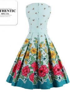 Vintage 1950s Floral Bee Print Party Dress with Sashes - Sleeveless Summer Dress