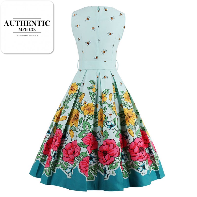 Vintage 1950s Floral Bee Print Party Dress with Sashes - Sleeveless Summer Dress Vintage 1950s Floral Bee Print Party Dress with Sashes - Sleeveless Summer Dress