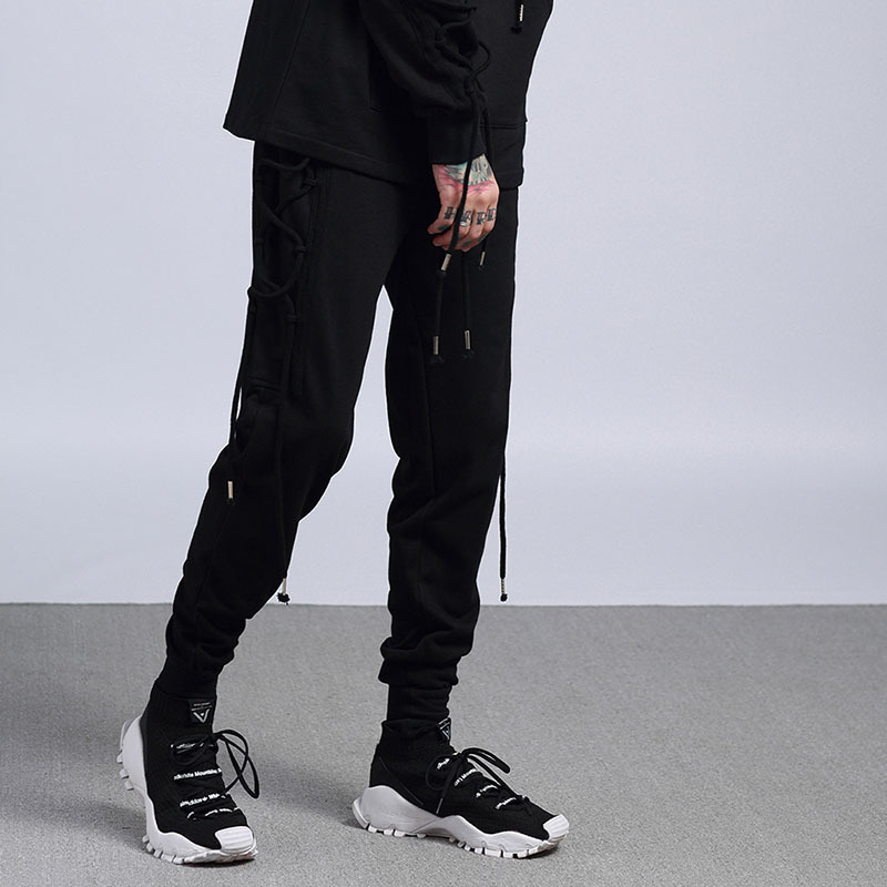 Factory Sample New F/W Men hip hop jogger black pants side cross straps ...