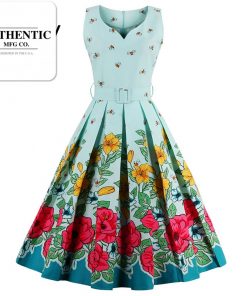 Vintage 1950s Floral Bee Print Party Dress with Sashes - Sleeveless Summer Dress
