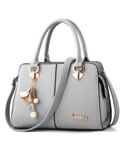 custom grey leather handbag with metal logo
