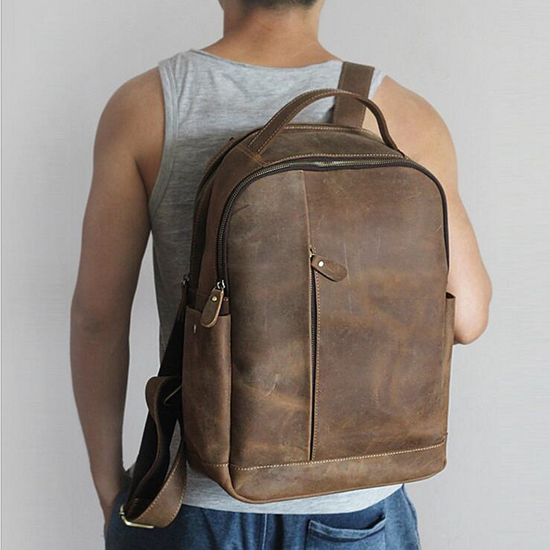 Men's Genuine Leather Laptop Backpack - Vintage Casual Travel Bag 14" 15.6