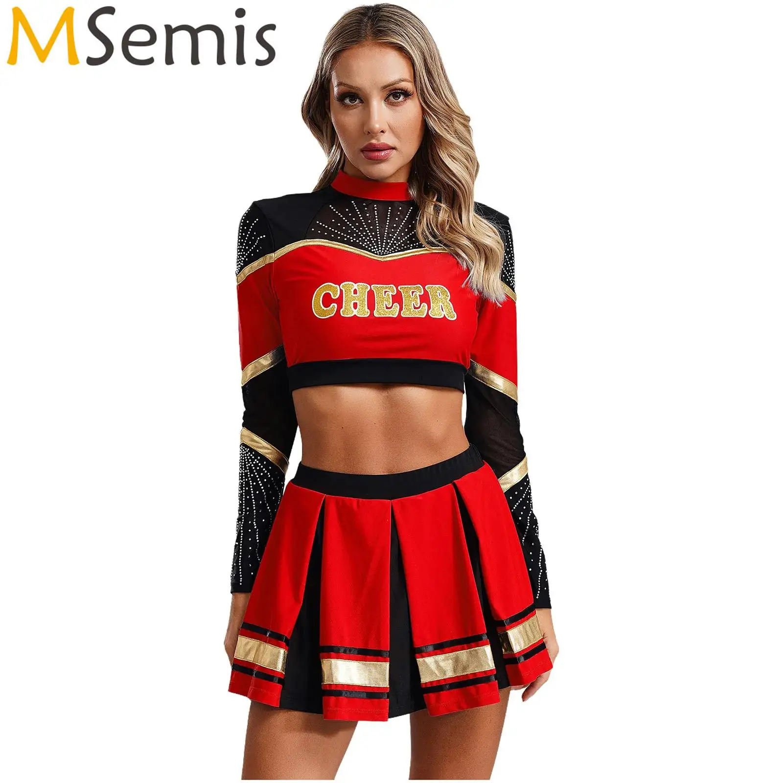 2Pcs Women Cheerleading Costume Cheerleader Dance Outfits Long Sleeve Sequins Crop Top with Pleated Skirt Set Cheer Uniform
