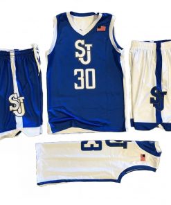 Custom basketball uniforms in blue and white featuring SJ logo and number 30.