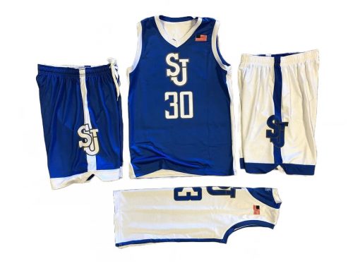 Custom basketball uniforms in blue and white featuring SJ logo and number 30.