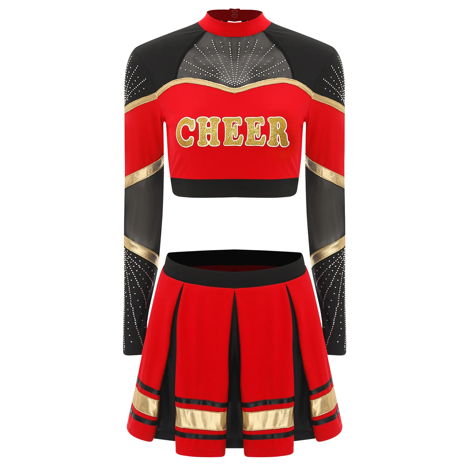 2Pcs Women Cheerleading Dance Costume, Sequin Crop Top with Pleated Skirt Set 2Pcs Women Cheerleading Costume Cheerleader Dance Outfits Long Sleeve Sequins Crop Top with Pleated Skirt Set Cheer Uniform