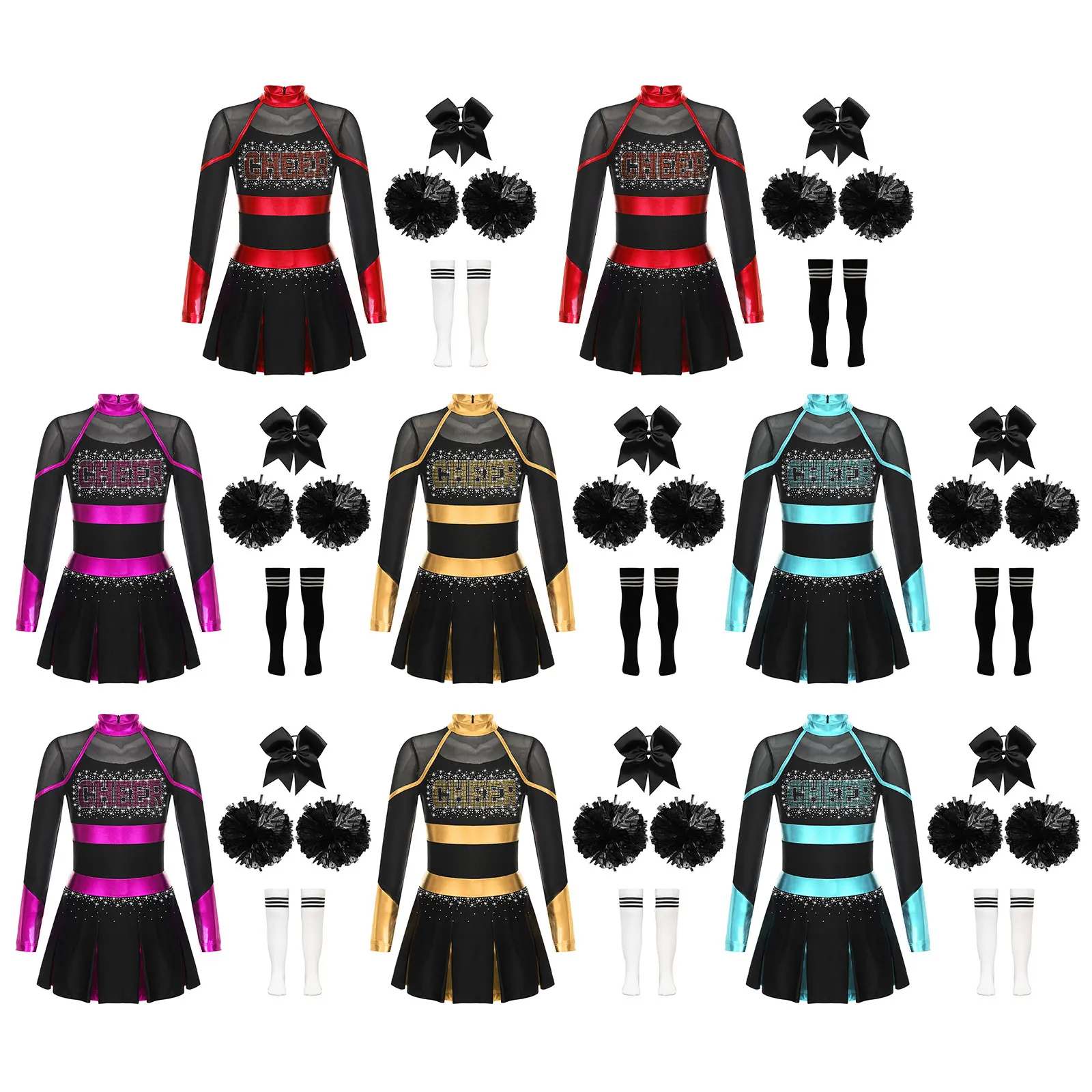 Girls Cheerleader Costume Set with Sheer Mesh Patchwork Dress + Accessories Kids Girls Cheer Leader Costume Halloween Cheerleading Long Sleeve Sheer Mesh Patchwork Dress+Hand Flowers+Stocking+Hair Tie