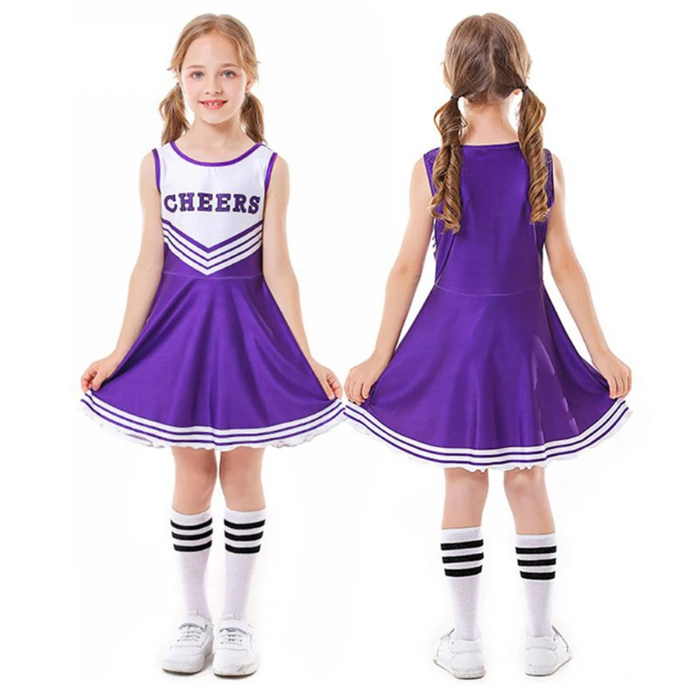 Girls Cheerleader Costume Dress with Pompoms for Stage Performance Girls Cheerleader Costume Dress Pompoms Outfit Purim Schoolgirl Cheer Stage Performance Cheerleading Uniform