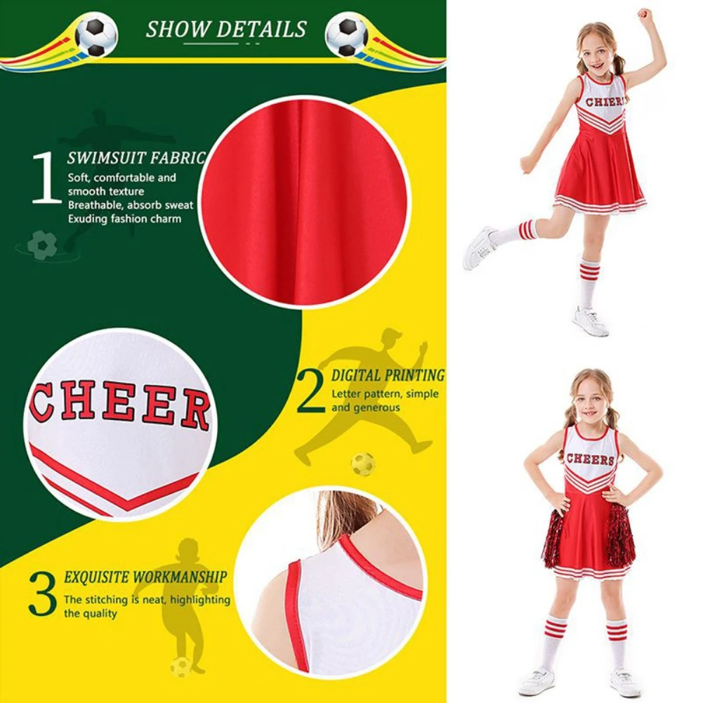 Girls Cheerleader Costume Dress with Pompoms for Stage Performance Girls Cheerleader Costume Dress Pompoms Outfit Purim Schoolgirl Cheer Stage Performance Cheerleading Uniform