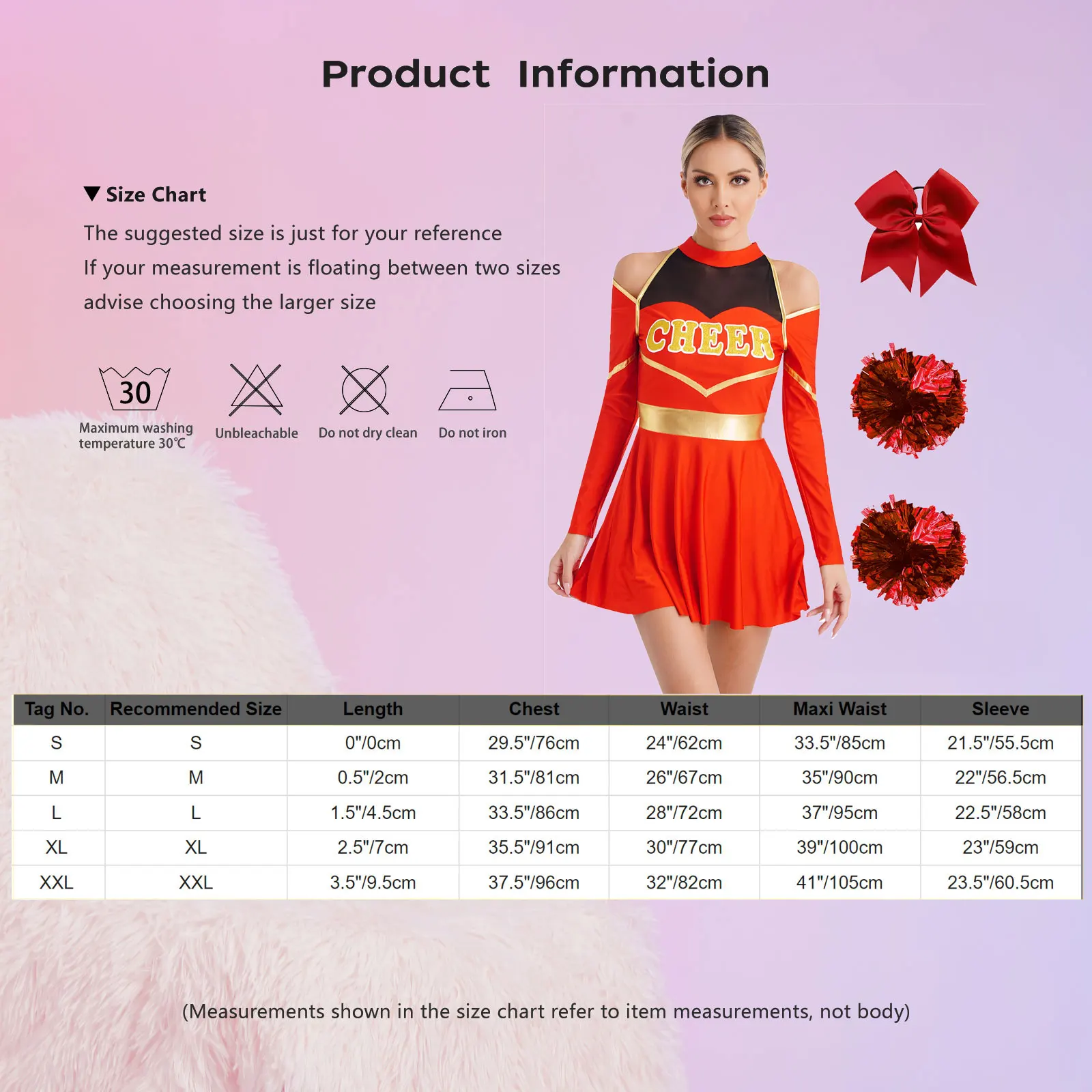 Women's Cheerleader Cosplay Costume with Pom Poms and Hair Tie Womens Adult Cheerleader Cosplay Costume Halloween Cheerleading Uniform Long Sleeve Cheer Up Dance Dress with Pom Poms Hair Tie
