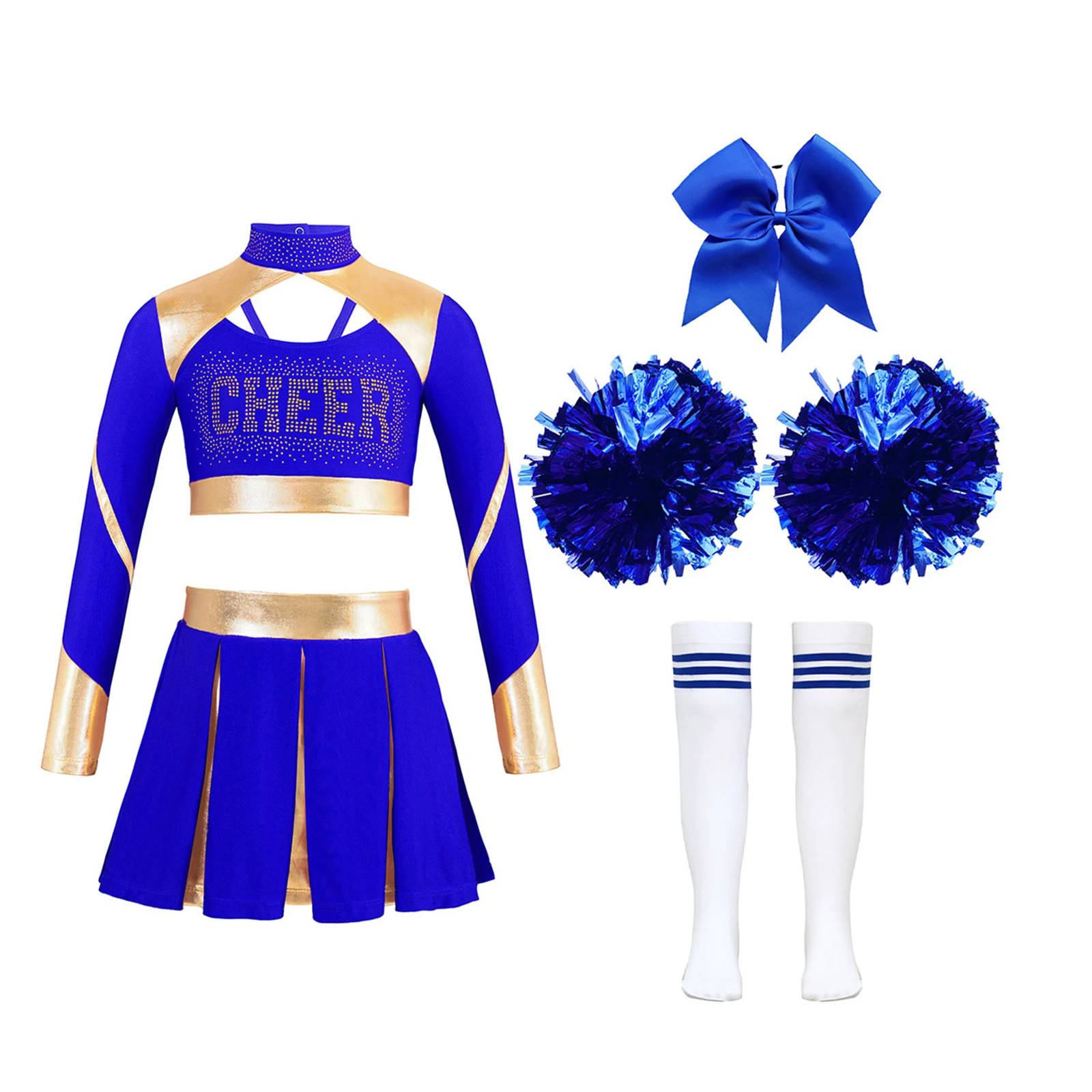 Girls Cheerleader Costume Set w/ Crop Top, Skirt, Stockings & Flowers - Kids Cheerlead Suit Kids Girls Cheerleader Costume Sets Cheerleading Outfit Crop Top Pleated Skirt Striped Stockings Flower Balls Cheerlead Suits