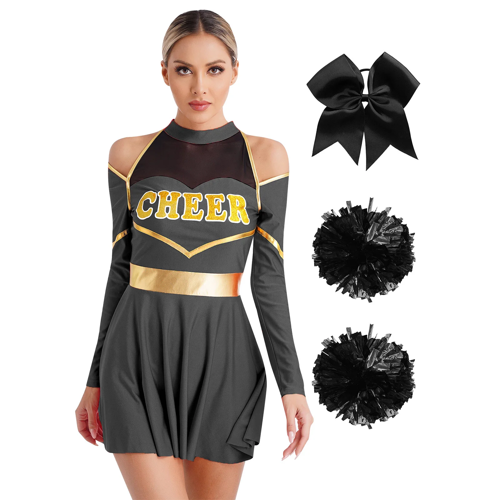 Women's Cheerleader Cosplay Costume with Pom Poms and Hair Tie Womens Adult Cheerleader Cosplay Costume Halloween Cheerleading Uniform Long Sleeve Cheer Up Dance Dress with Pom Poms Hair Tie