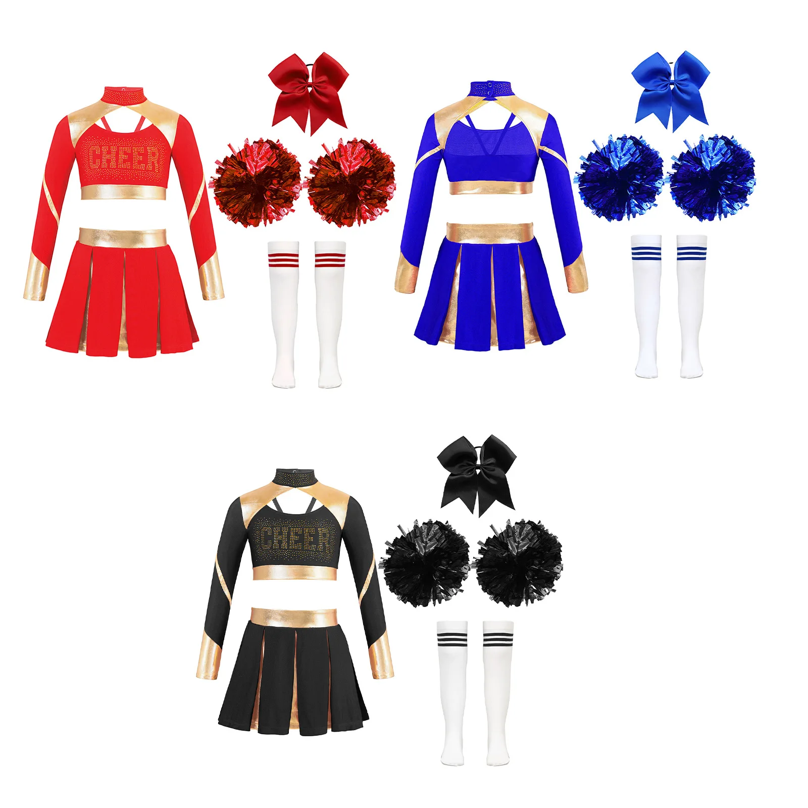 Girls Cheerleader Costume Set w/ Crop Top, Skirt, Stockings & Flowers - Kids Cheerlead Suit Kids Girls Cheerleader Costume Sets Cheerleading Outfit Crop Top Pleated Skirt Striped Stockings Flower Balls Cheerlead Suits