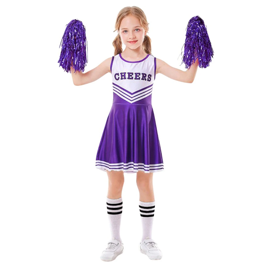Girls Cheerleader Costume Dress with Pompoms for Stage Performance Girls Cheerleader Costume Dress Pompoms Outfit Purim Schoolgirl Cheer Stage Performance Cheerleading Uniform