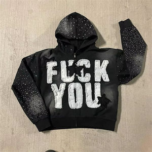 Custom Applique Embroidery Distressed Hoodie Rhinestone Zip up Acid Wash Vintage Washed Men Fleece Streetwear Hoodie Custom Applique Embroidery Distressed Hoodie Rhinestone Zip up Acid Wash Vintage Washed Men Fleece Streetwear Hoodie