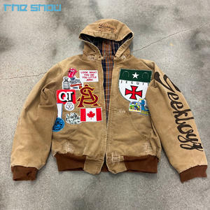 Duck Canvas Work  Stonewash Zipper Zip Up Custom Embroidery Patch Cropped Washed Vintage Applique Hoodie  For Men