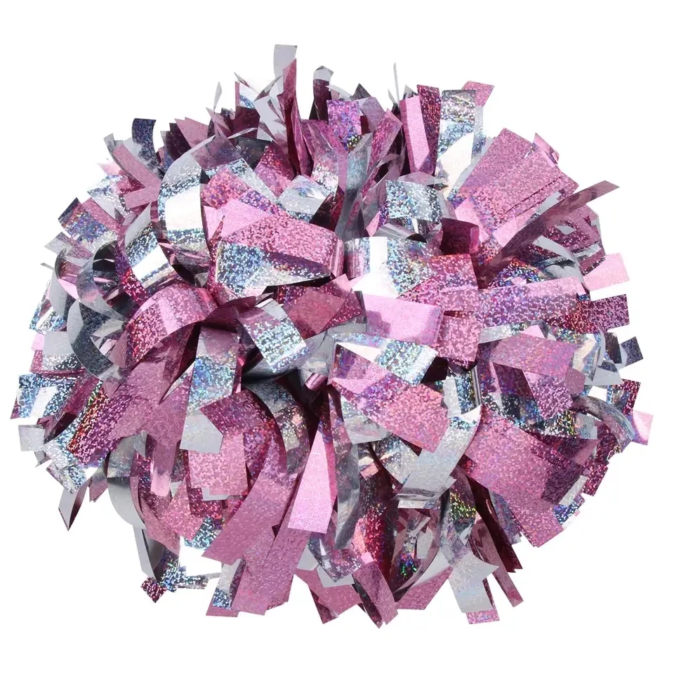1 PIECE,cheerleader Baton Handle Pom Pom Pom Metallic Pink Holographic with Silver Holographic
