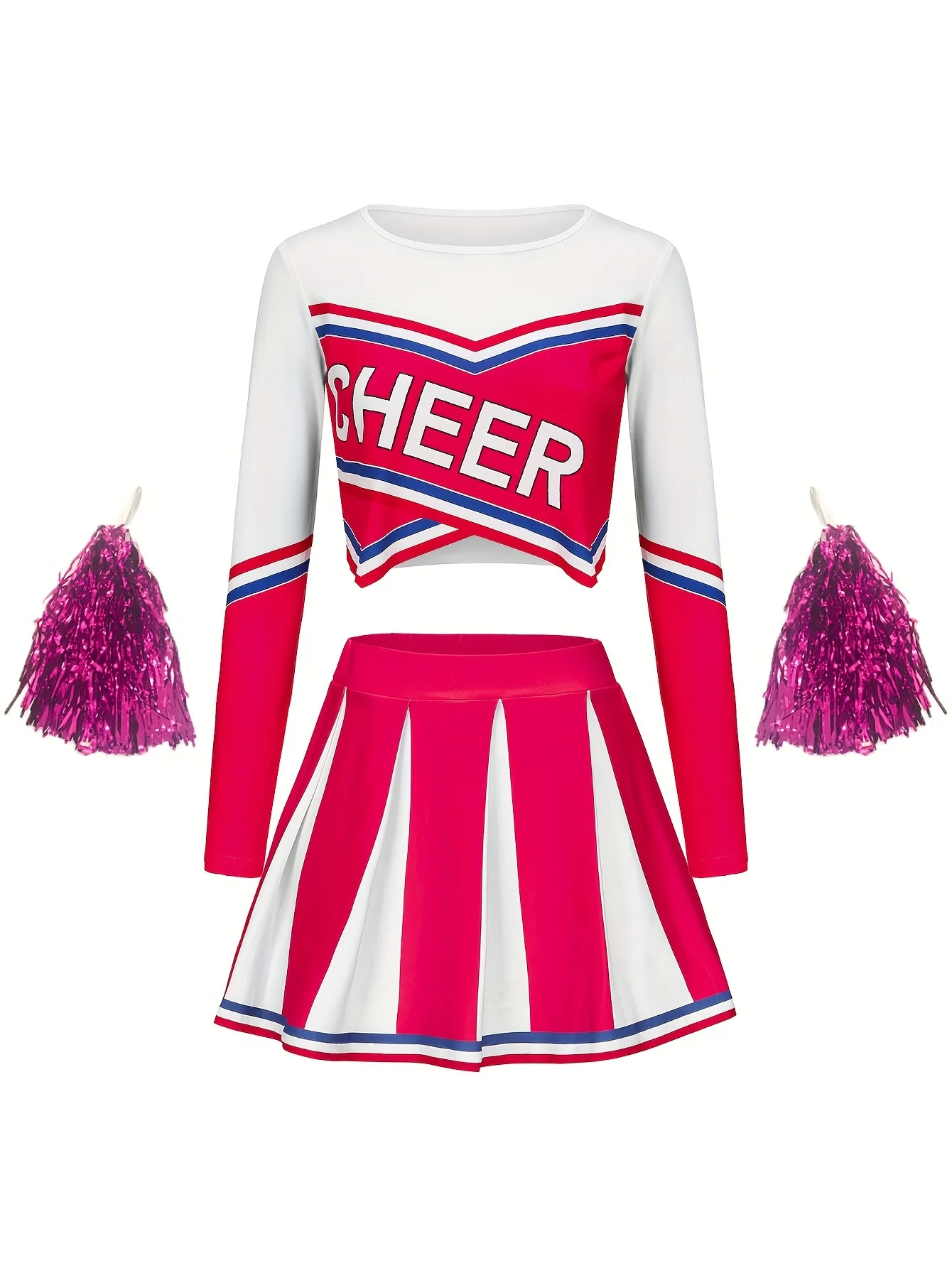 Long sleeved Cheerleader Short Skirt Set Girls Kids Holiday Party Cute Homecoming Season Sports Performance Costume Send Pom Pom