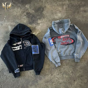Custom Double Layers Hood Distressed Embroidery Hand Sewn Patches DTG printing  Hand Painted Washing Cropped Hoodie