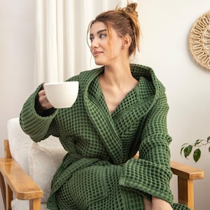 Hoodie Waffle Bathrobe, Cotton Robe, Cozy Organic Robe, Waffle Bridesmaid Robe, Dressing Gown