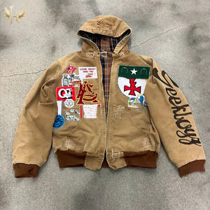 Wholesale Vintage Distress Embroidery Acid Wash Heavyweight Sun Faded Hoodie Men Cotton French Terry Oversized  Hoodies