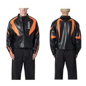 Custom Men's Zip up  trend Street Style Unisex Oversized Custom Logo Graphic Embroidery Cropped Leather Racer Moto
