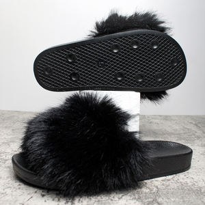 MInimalist Fashion Women Fluffy  ,Open Toe Black Girls Fuzzy ,Flat Slippers