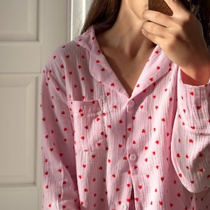 Cotton sleepwear Organic Cotton Set Crinkle cotton pajamas Bridal Bachelorette pajama set Muslin cotton loungewear Double gauze pink pajama