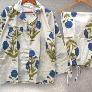 Block Printed Pyjama, Floral Print PJ's, Indian Hand Block Print,Night Wear Cotton Pajamas Set,Night Suite, Gift For Her, cute sleepwear set