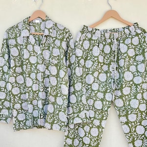 Indian PJ Set, 100% Cotton Block Print Pajama Set, Night Wear, Bridesmaid Pajama Set, Women's Pajamas Set, Cotton Pants And Shirt