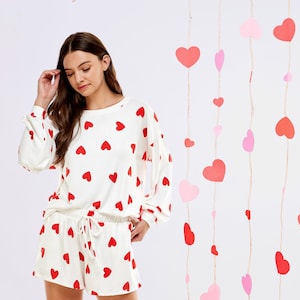 Pajama set. White and Red Heart Print pj Set, Loungewear, Valentine's Day Sweetheart print pj for Spring, Cozy Sleepwear for women