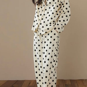 Classic Polka Dots Pure Cotton Pajamas Set, 5 Styles And 2XL Available ,Warm Pajama For Winter, 2Pockets On The Pants,Christmas Gift For Her