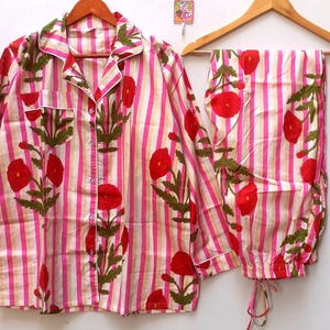 Hand Block Print Pajamas, Floral Pure Cotton Pj's, Pajamas Set ,Indian Cotton,Night Wear, Soft Cotton Night Suit,Gift for her,Bridesmaid Pj