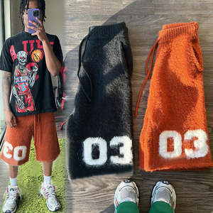 Custom Logo Loose Knit  Pants Below Jogger Knee Bermuda  Screen Print Knitted Streetwear Fluffy Mohair  For Men