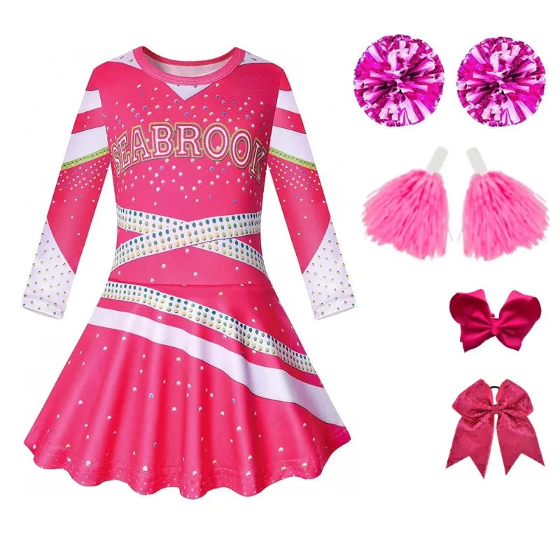 Girls Cheerleader Costume Pink Dress School Uniform Stage Performance Full Set Children Dresses Halloween New Year Party