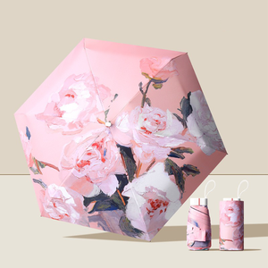 New Fashion Women's Portable Rain  6-Folding Sun Protection Parasol Rose Flowers Print custom logo Manual Control Adults