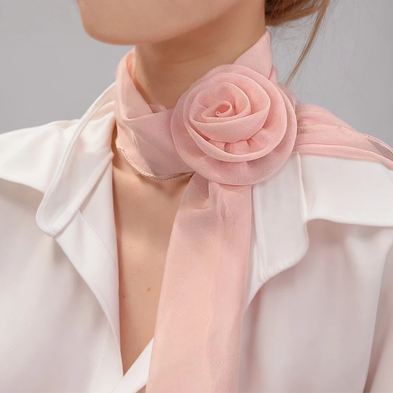 New Rose Chiffon Scarf Women Elegant Decorative Tie Ladies Solid Color Thin Silk Scarf Fashion Versatile Ribbon Scarf 140*14cm
