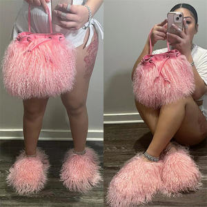 Fluffy Plush Fuzzy Faux Mongolian  Slippers Goat   With Matching Purse Set