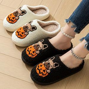 Halloween Pumpkin Dog Embroidered Slippers Faux  Winter  Autumn Home Indoor Cotton Ladies Shoes
