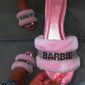 2025 New Arrival Ladies Pink Flat Furry Slippers Pink Glitter  for Women Fashion Sandals