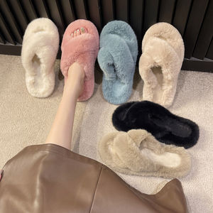 Custom Logo Women Warm Fluffy Furry Slippers Ladies Cross Soft Plush Colorful  Women Faux   Slippers