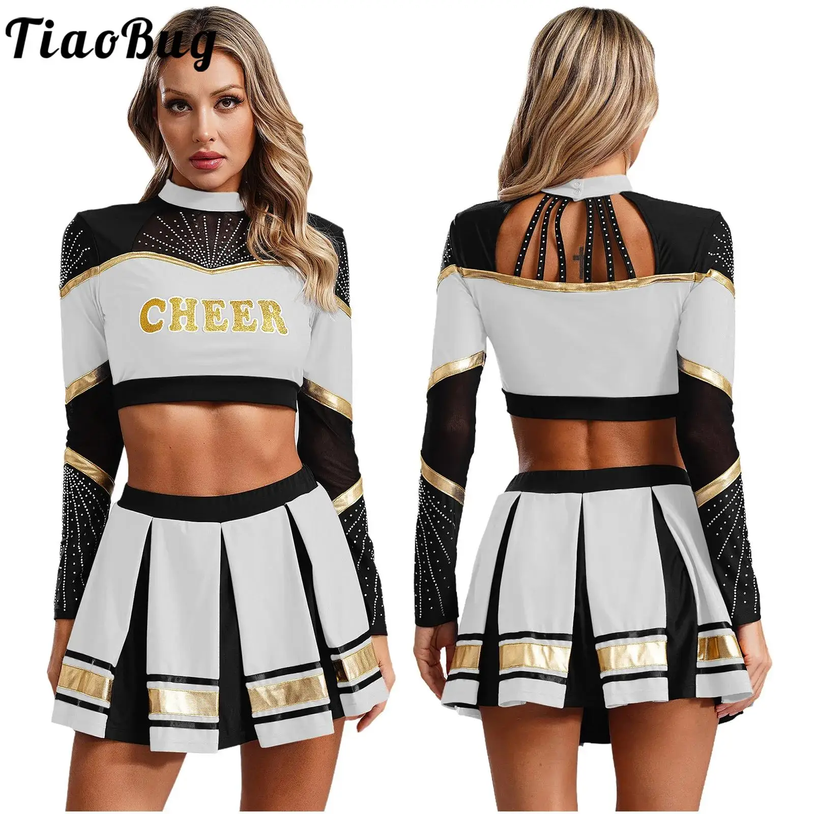 Womens Sexy Cheerleading Costume High School Uniform Long Sleeve Crop Top+Mini Skirt Cheer Costume for Halloween Fancy Party