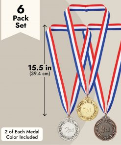 6-Pack Award Medals with 15.5-Inch Ribbons for Kids and Adults